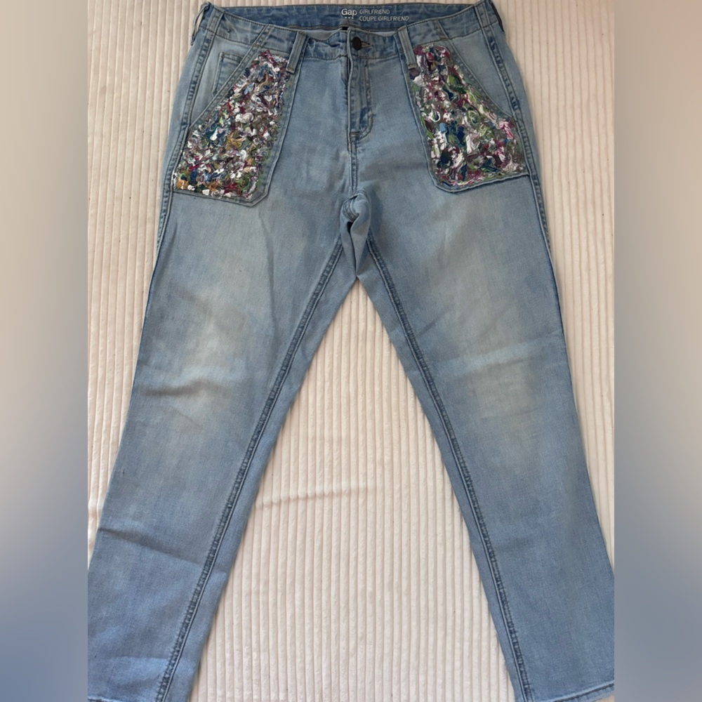 Vintage GAP Light Blue boyfriend Jeans by Christine with Acrylic art on pockets